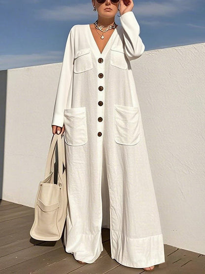 Long Sleeves Loose Buttoned Pockets V-Neck Jumpsuits
