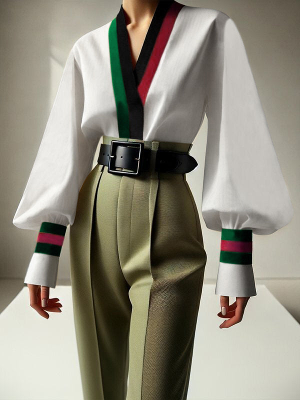 Lange Ärmel, lockere Kontrastfarbe, plissierte Blusen und Hemden mit V-Ausschnitt 