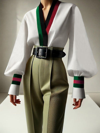 Lange Ärmel, lockere Kontrastfarbe, plissierte Blusen und Hemden mit V-Ausschnitt 