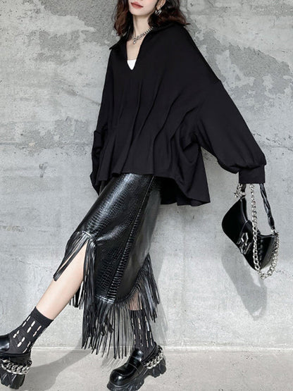 Batwing Sleeves Long Sleeves Pleated Solid Color Deep V-Neck Blouses&Shirts Tops