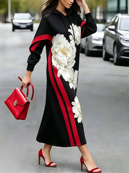 Flower Print Drawstring Contrast Color Long Sleeves H-line Hooded Midi Dresses