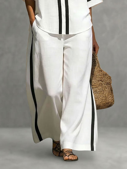 High Waisted Wide Leg Contrast Color Pockets Pants Trousers