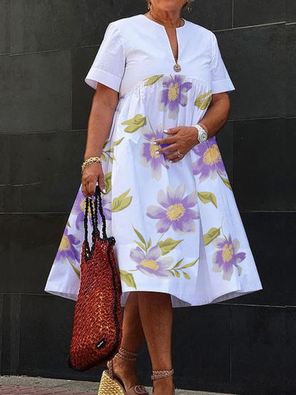 Loose Short Sleeves Flower Print V-Neck Midi Dresses WHITE
