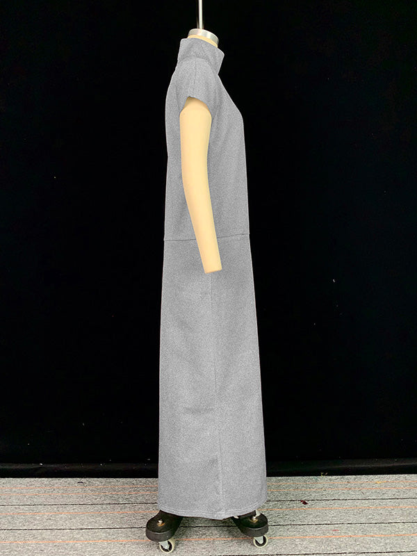 Robe longue ample à manches courtes et col montant, couleur unie 