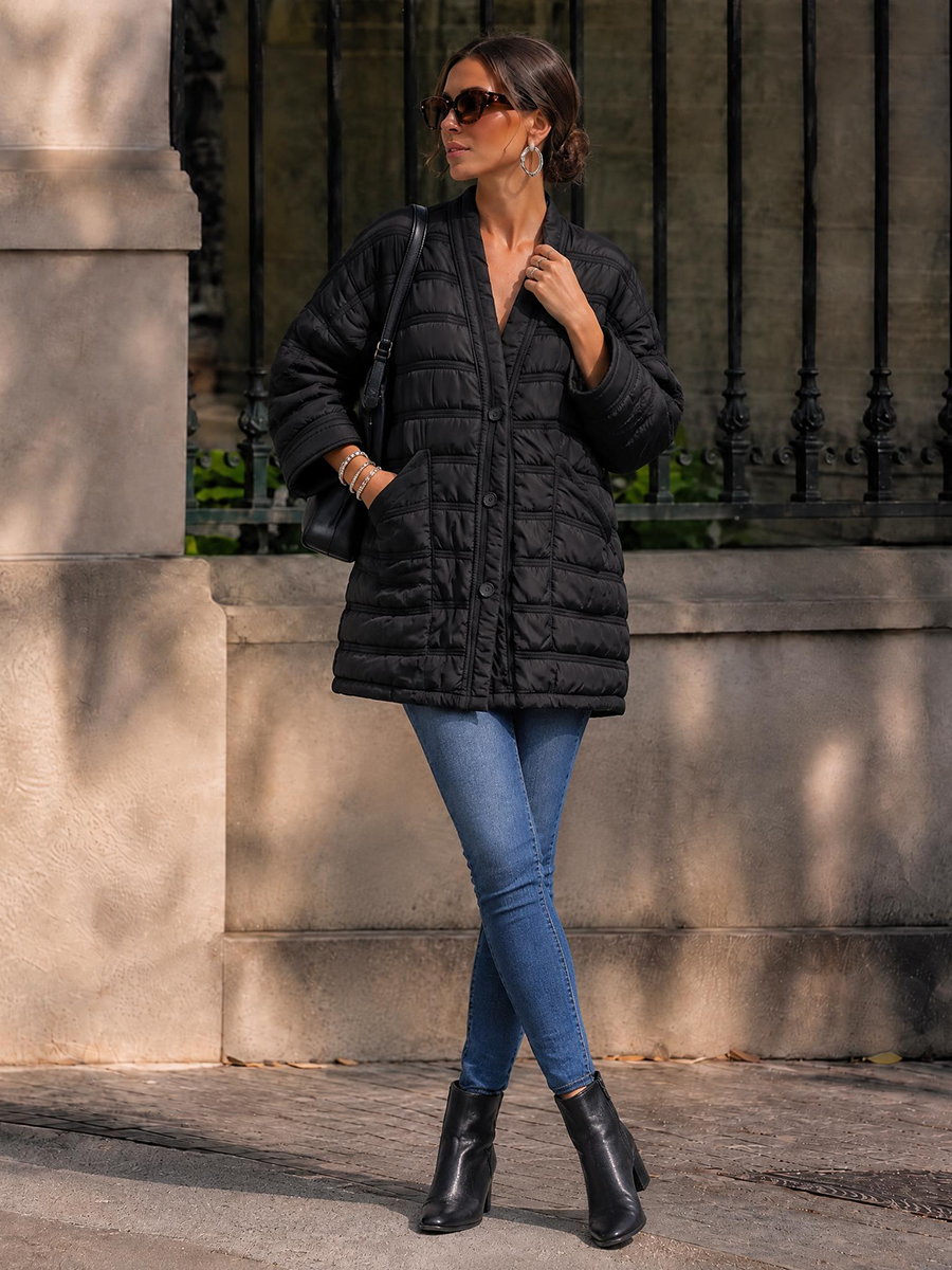 Striped Split-Joint Pockets Pleated Buttoned Loose Long Sleeves V-neck Outerwear Down Coat