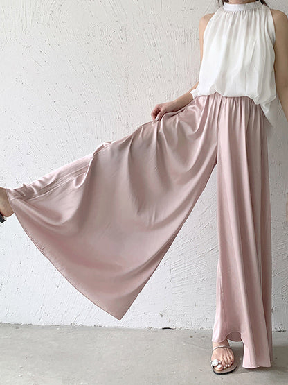 Pantalon culotte taille haute ample et élastique plissé de couleur unie 