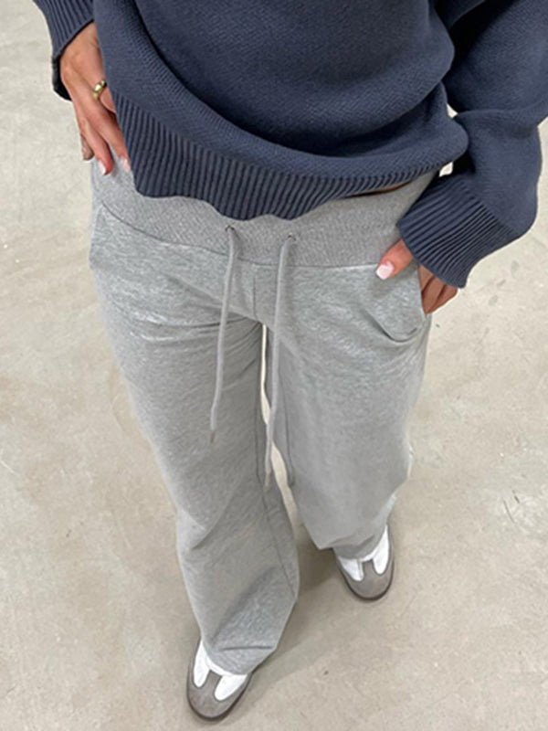 Flared Pants Loose Drawstring Pockets Solid Color Pants Trousers