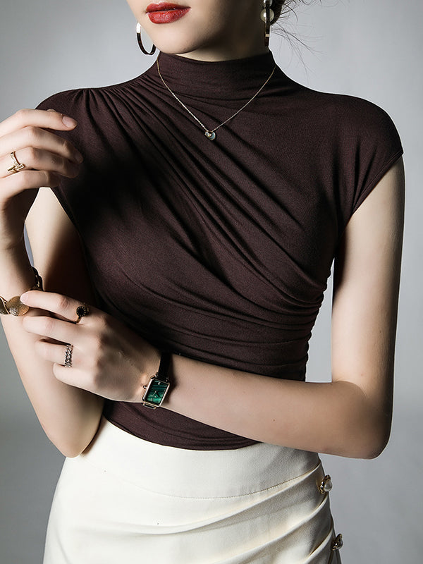 Skinny Pleated Solid Color Mock Neck T-Shirts Tops