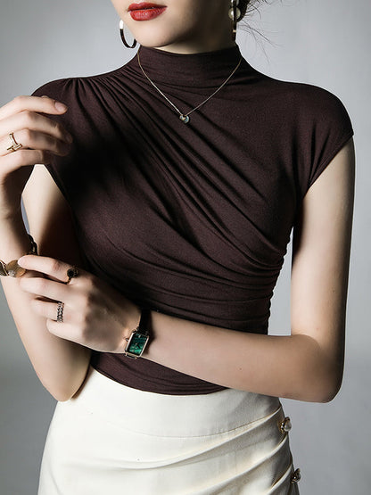 Skinny Pleated Solid Color Mock Neck T-Shirts Tops