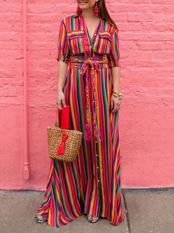 Long Sleeves Loose Split-Joint Striped Lapel Maxi Dresses Shirt Dress