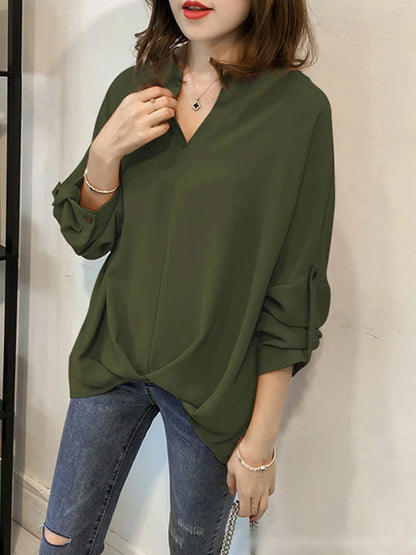 Casual Long Sleeves Loose Solid Color V-Neck Blouses&Shirts Tops