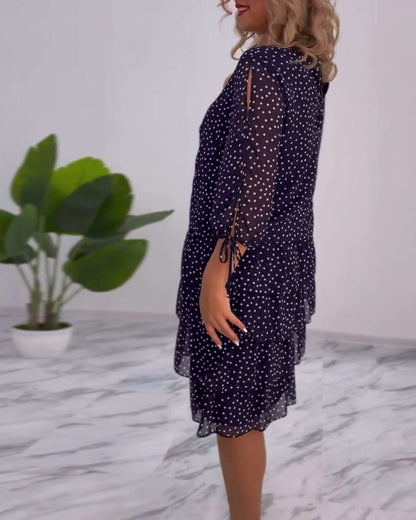Dotty | Women's Polka Dot Tiered Midi Dress 3/4 Sleeve Chiffon