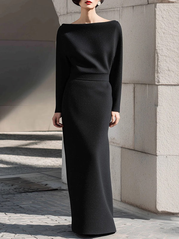 Long Sleeves Loose Solid Color Split-Joint Round-Neck Maxi Dresses