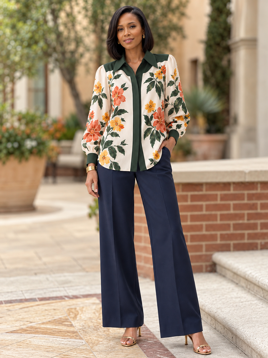 Split-Joint Flower Print Contrast Color Buttoned Long Sleeves Lapel Blouses&shirts Tops
