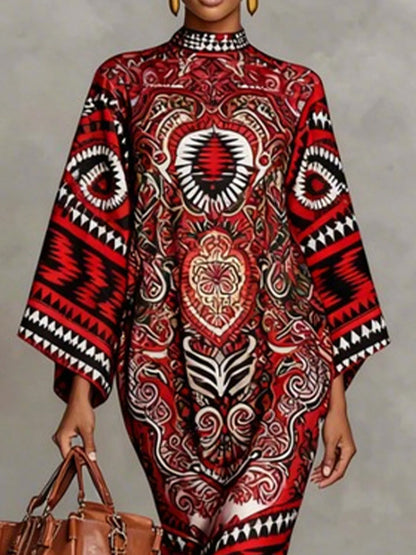 Flared Sleeves Long Sleeves Contrast Color Flower Print Geometric Split-Joint Round-Neck Midi Dresses