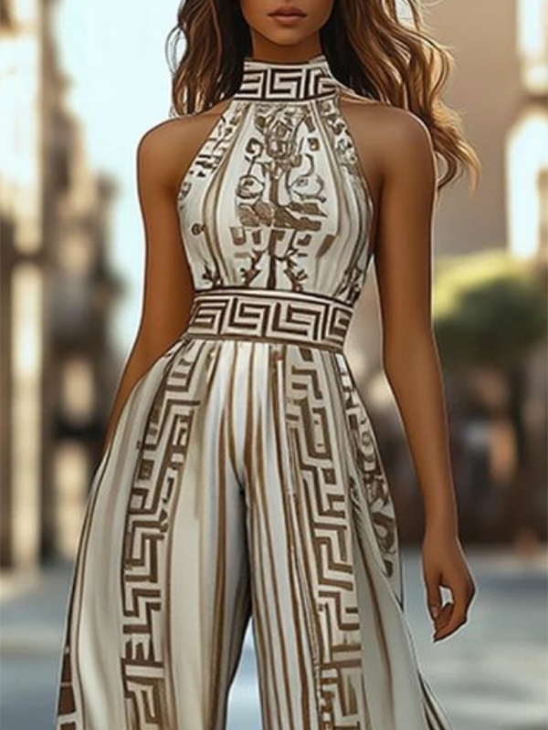 Sleeveless Wide Leg Printed Halter-Neck Jumpsuits