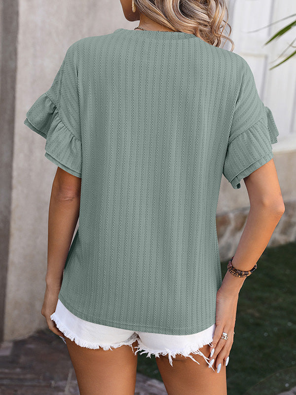 Wrap Falbala Solid Color Round-Neck T-Shirts Tops