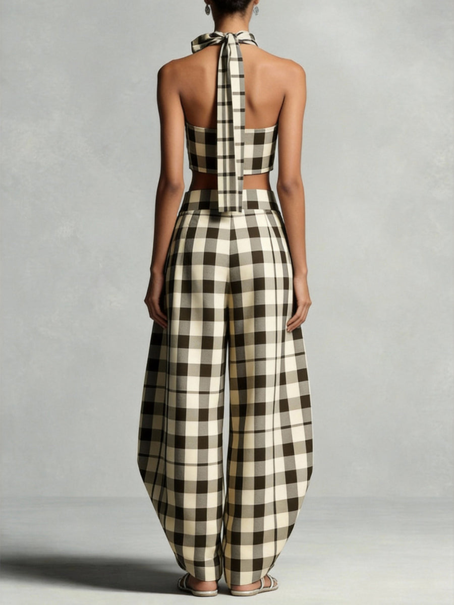 Contrast Color Plaid Printed Tied Stand Collar Cropped Blouses&Shirts Tops + Pleated Pockets High Waisted Pants Trousers Two Pieces Set