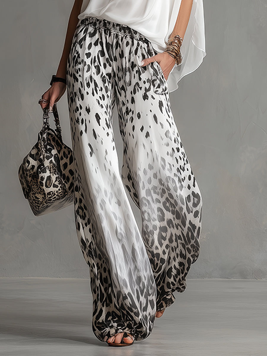 Pockets Leopard Gradient Elasticity Wide Leg Loose Wide Leg Pants Trousers