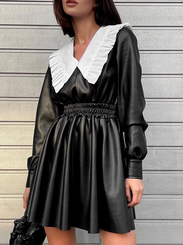 Mini-robes à manches bouffantes amples, élastiques, plissées, fendues, col Claudine 