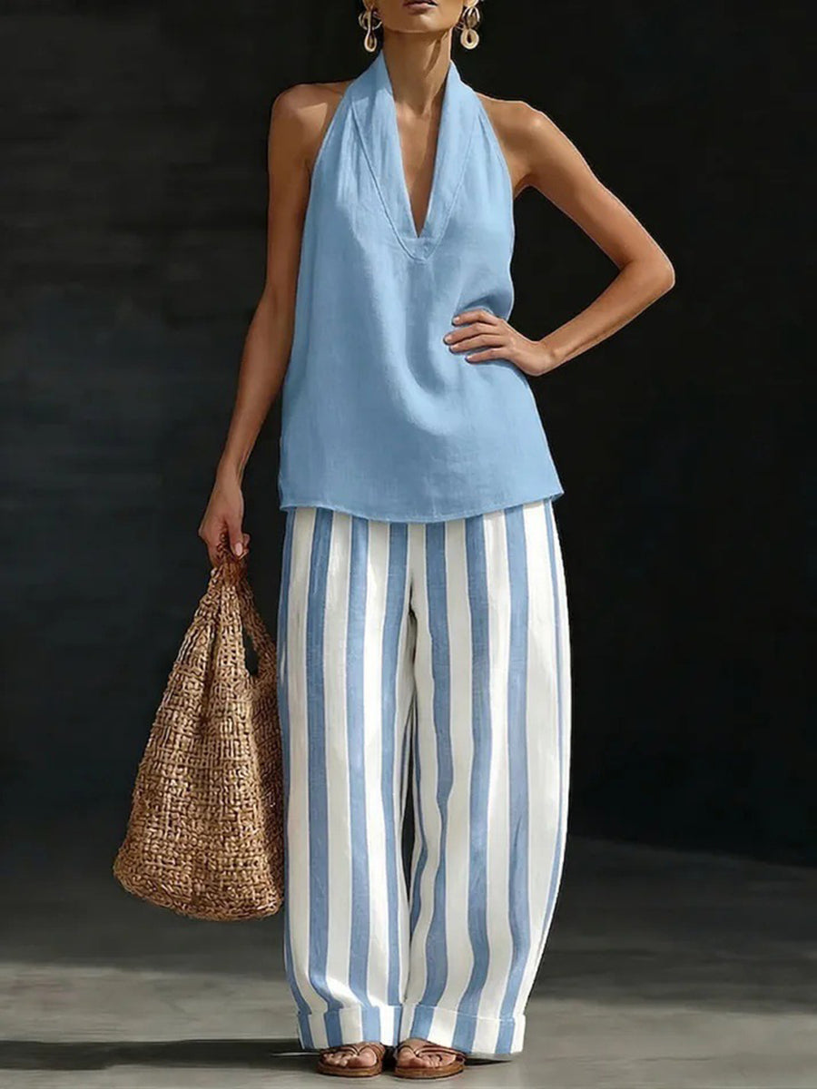 Loose Plus Size Contrast Color Striped Halter-Neck Vest Top + Pants Bottom Two Pieces Set