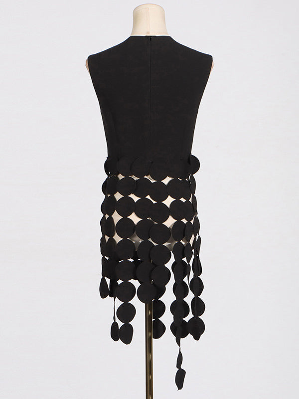 Haut sans manches à pois, couleur unie, col rond, pompons fendus 