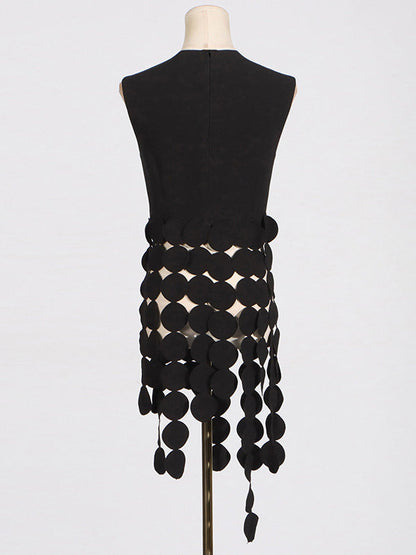 Haut sans manches à pois, couleur unie, col rond, pompons fendus 