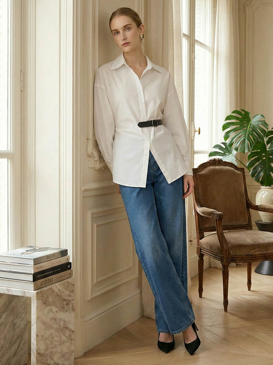 Long Sleeves Loose Belted Buttoned Contrast Color Split-Joint Lapel Blouses&Shirts Tops
