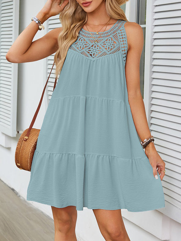 A-Linie Locker Hohl Plissee Einfarbig Split-Joint Rundhals Minikleider 