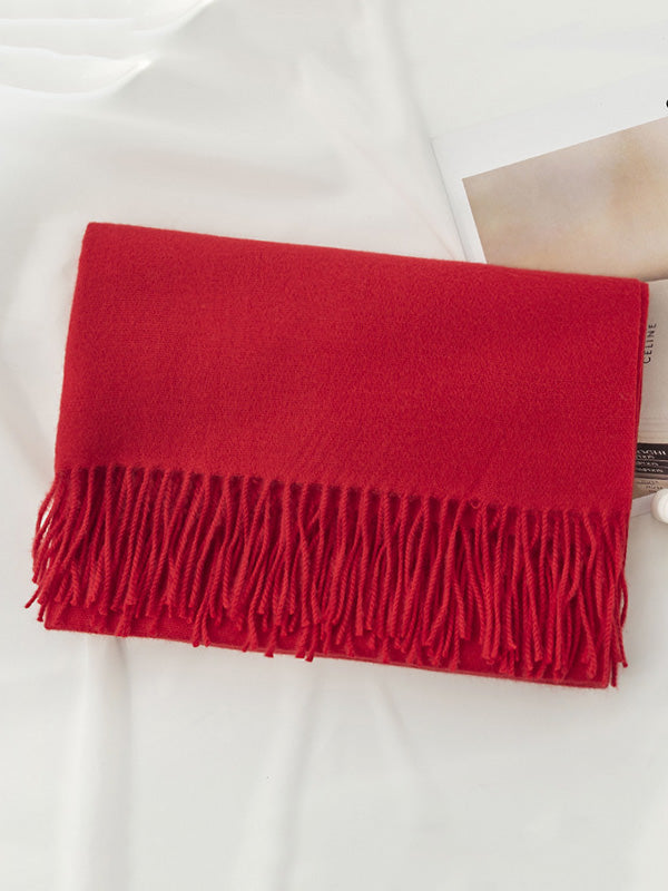 Keep Warm Solid Color Tasseled Shawl&Scarf RED One_size