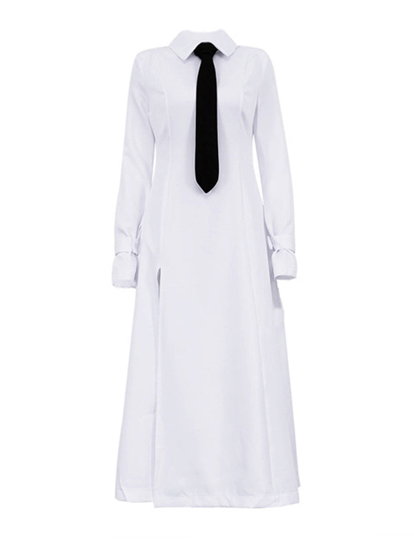 Robe chemise longue à manches évasées et boutonnée, couleur unie, fendue sur le côté et à revers 