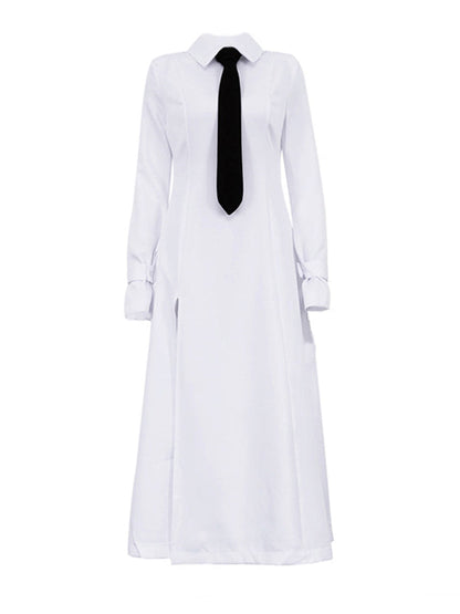 Robe chemise longue à manches évasées et boutonnée, couleur unie, fendue sur le côté et à revers 