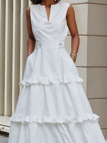 A-Line High Waisted Buttoned Pleated Pockets Solid Color Split-Joint V-Neck Maxi Dresses