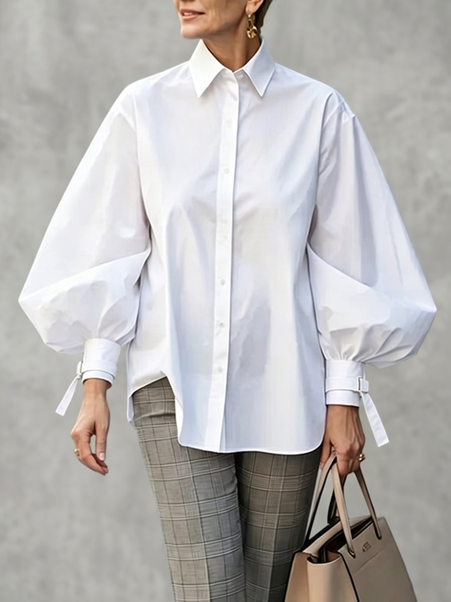 Long Sleeves Loose Buttoned Solid Color Tied Lapel Blouses&Shirts Tops