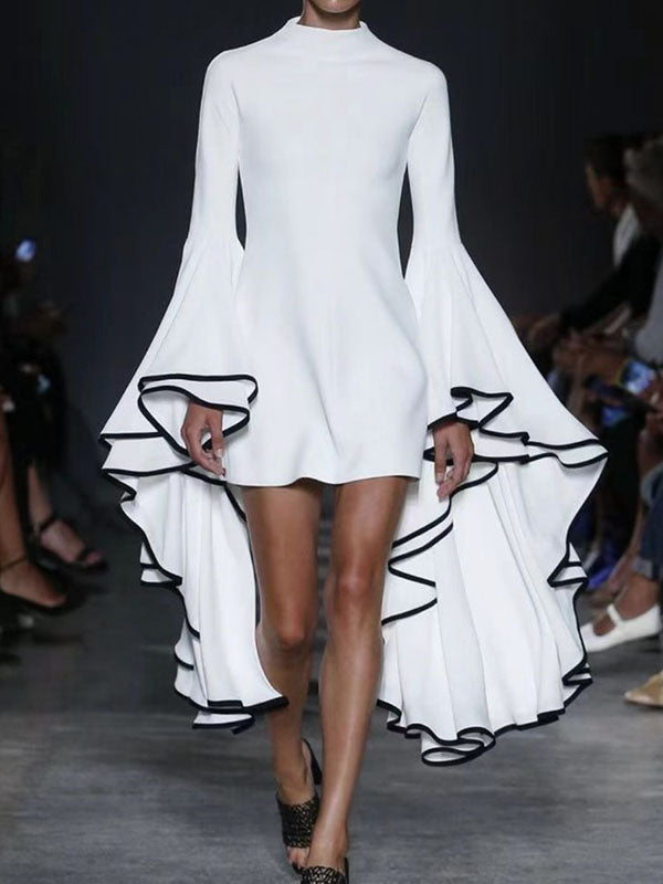 Mini-robes à manches évasées et manches longues, couleur unie, col montant 