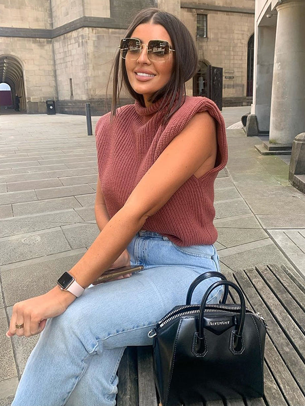 Casual Cap Sleeve Solid Color High-Neck Sweater Tops Pullovers