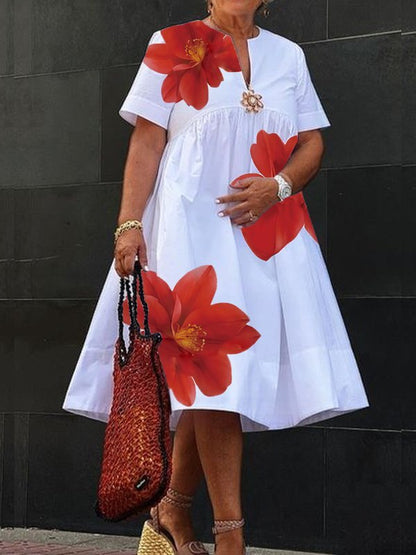A-Line Loose Flower Print Pleated V-Neck Midi Dresses WHITE