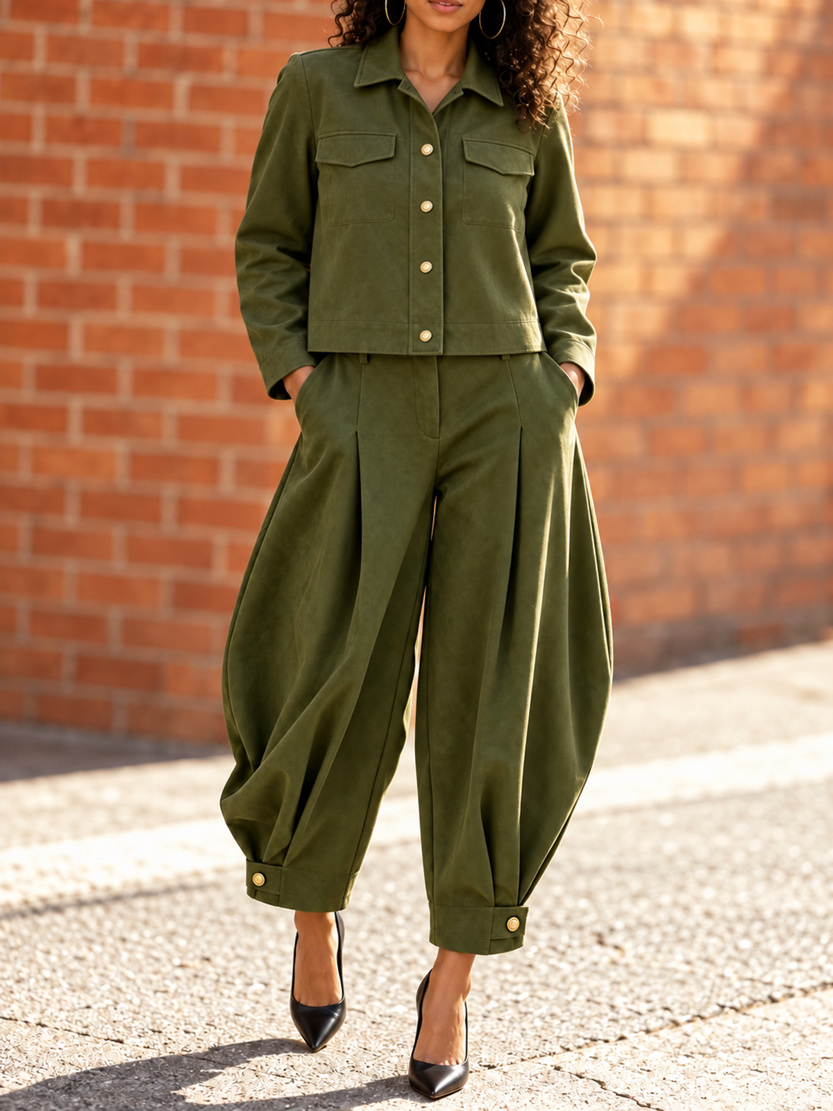 Solid Color Pockets Pleated Buttoned High Waisted Harem Pants Pants Cropped Trousers