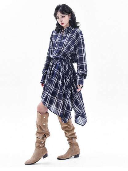 High-Low Irregularity Elasticity Plaid Lapel Collar Midi Dresses