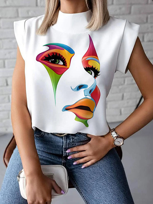 Cap Sleeve Loose Multi-Colored Printed High-Neck T-Shirts Tops
