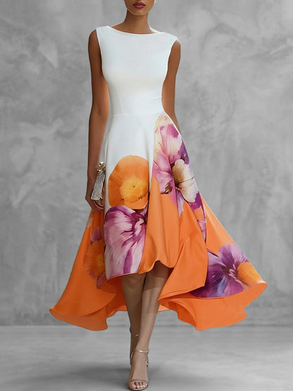 A-Line High-Low Contrast Color Flower Print Pleated Zipper Round-Neck Midi Dresses