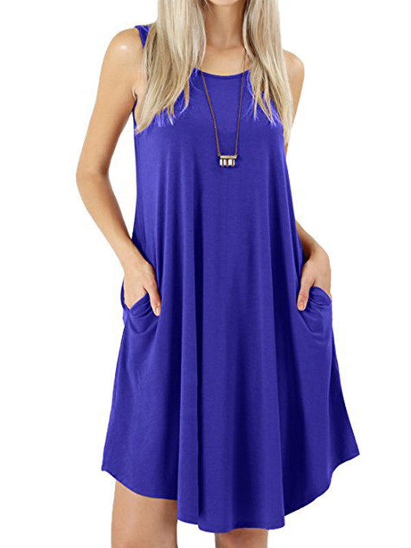 Loose Pockets Sleeveless Solid Color Spaghetti-Neck Mini Dresses