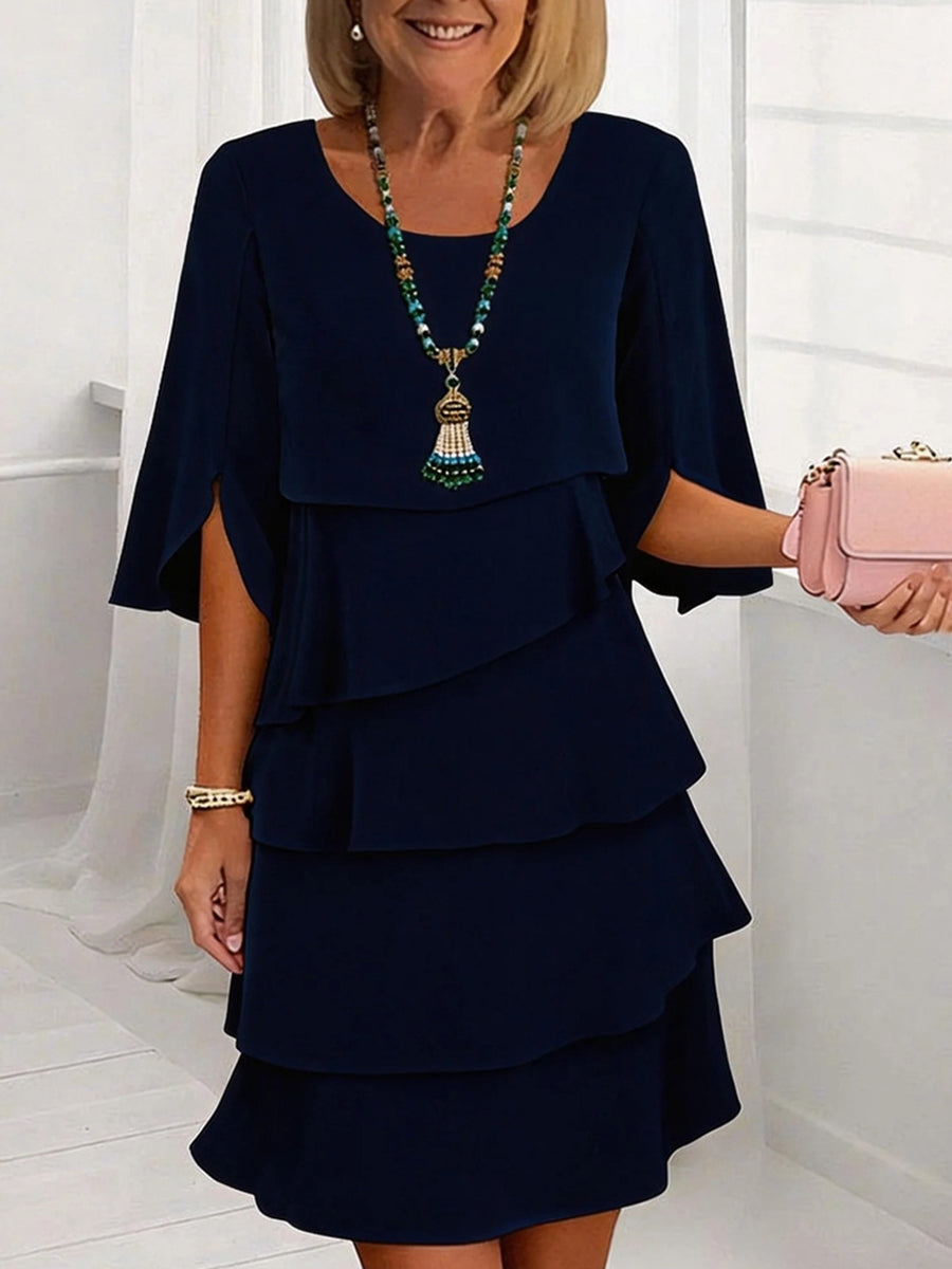 Half Sleeves Loose Layered Ruffled Solid Color Split-Joint Round-Neck Mini Dresses