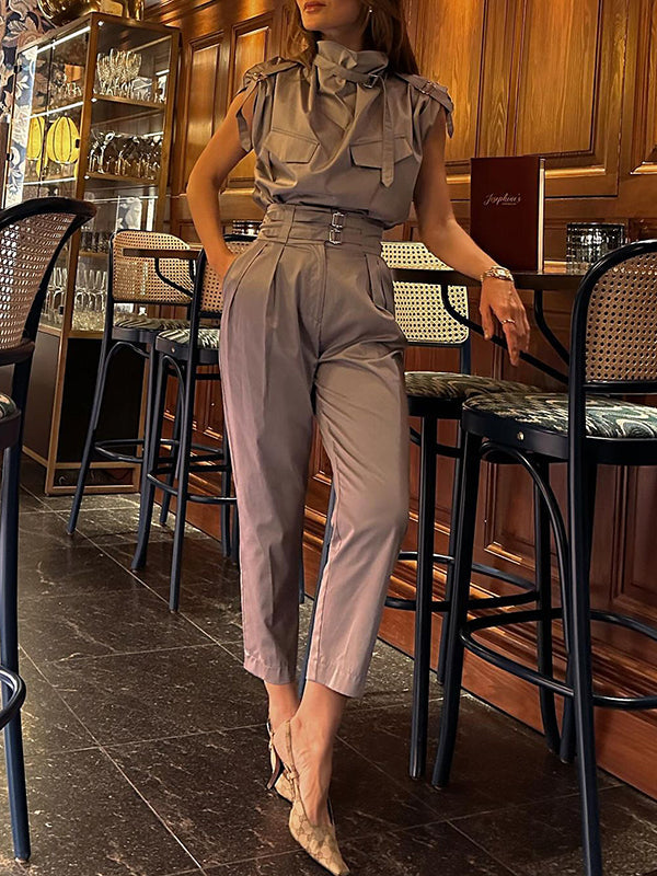 Chemisiers et chemises amples sans manches à col montant et boucle de couleur unie 