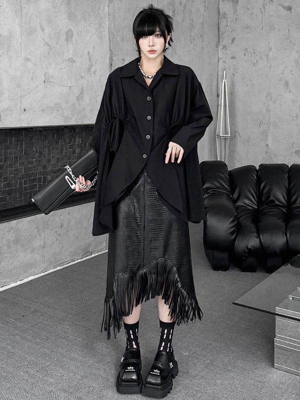 High-Low Irregularity Buttoned Pleated Solid Color Split-Joint Shirt Collar Blouses&Shirts Tops