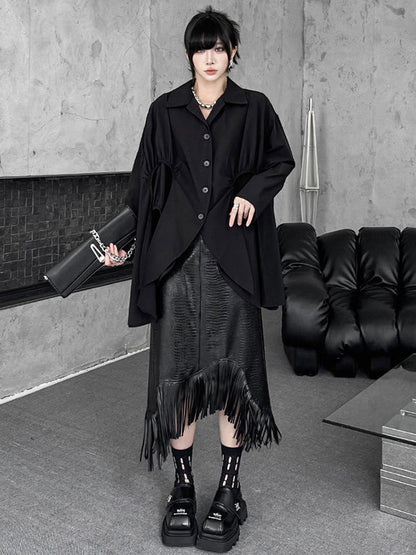 High-Low Irregularity Buttoned Pleated Solid Color Split-Joint Shirt Collar Blouses&Shirts Tops