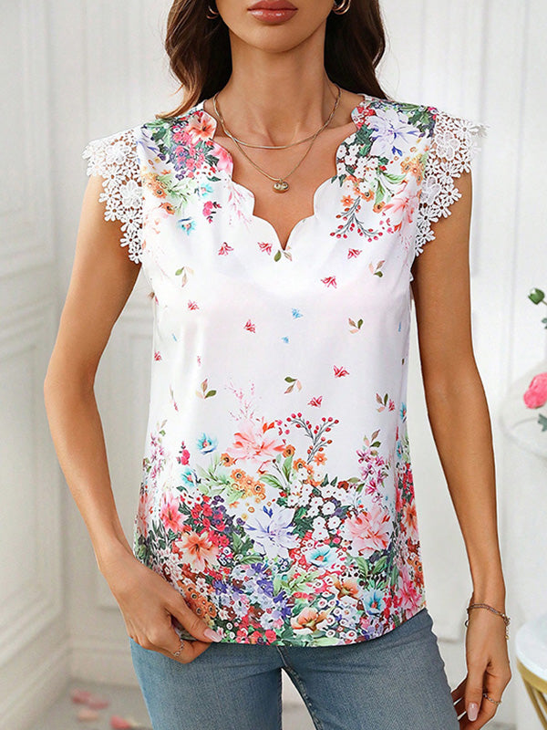 Loose Sleeveless Flower Print V-Neck Blouses&Shirts Tops