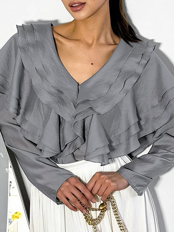 Long Sleeves Backless Ruffled Solid Color V-Neck Blouses&Shirts Tops