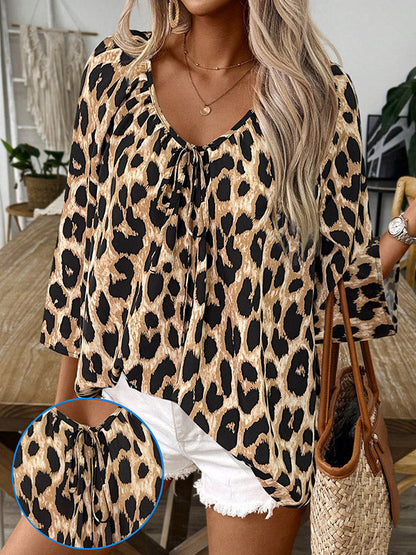 Loose Three-Quarter Sleeves Drawstring Leopard Printed V-Neck Blouses&Shirts Tops