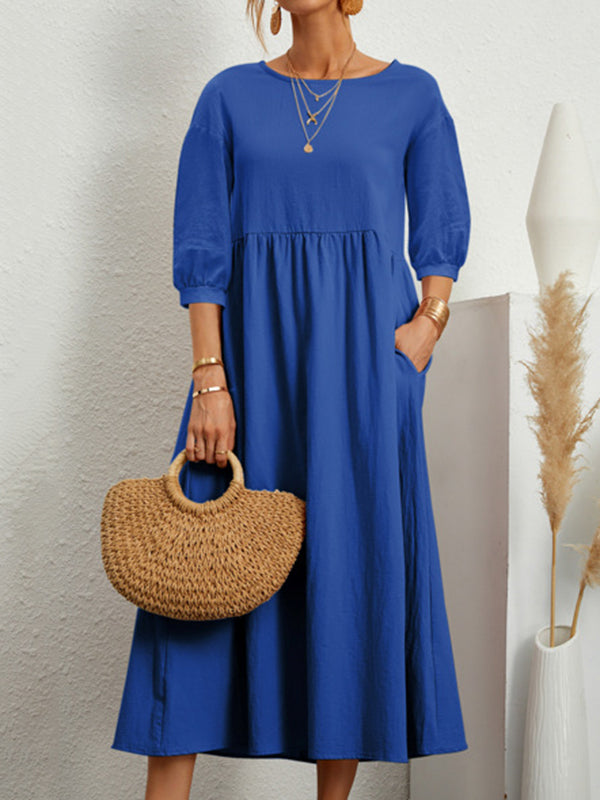 Robe mi-longue unie à col rond et simple, 11 couleurs 